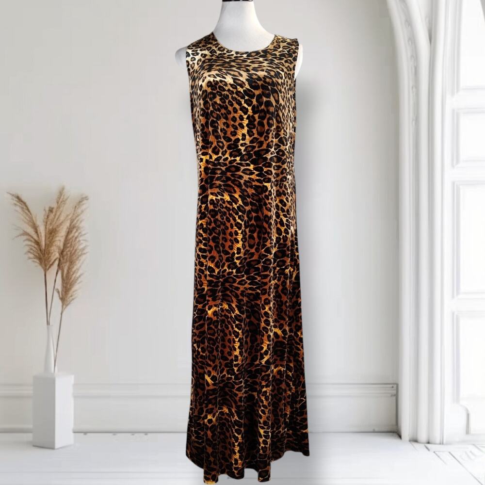 Vintage 90s Stretch Velvet Leopard Maxi Dress XL Animal Print Y2K Sleeveless